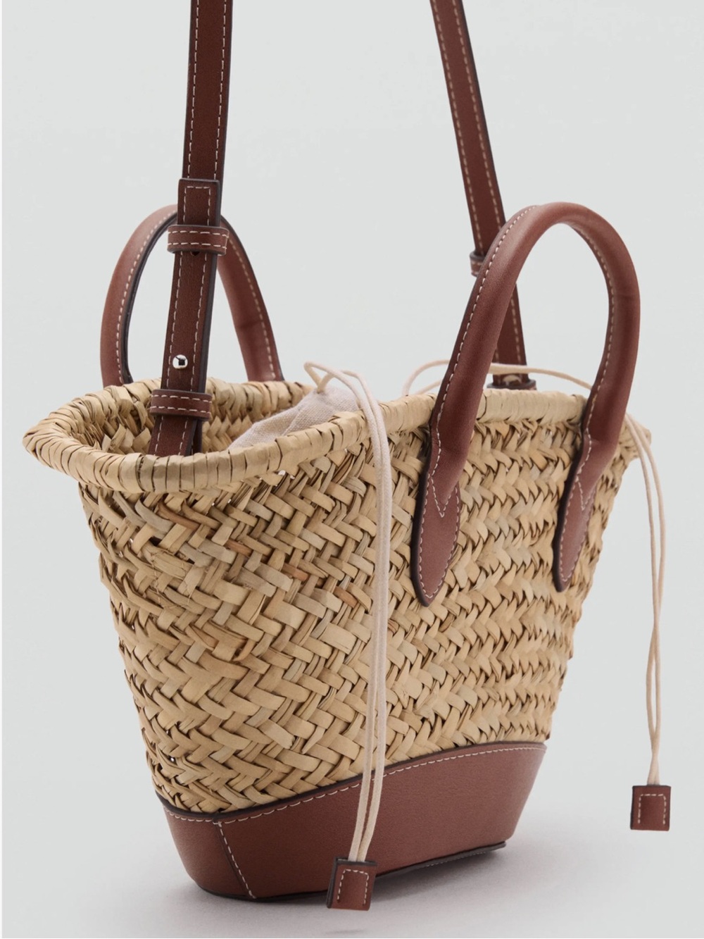 Woven Straw Tote with Brown Leather Trim - Picture 2 of 10